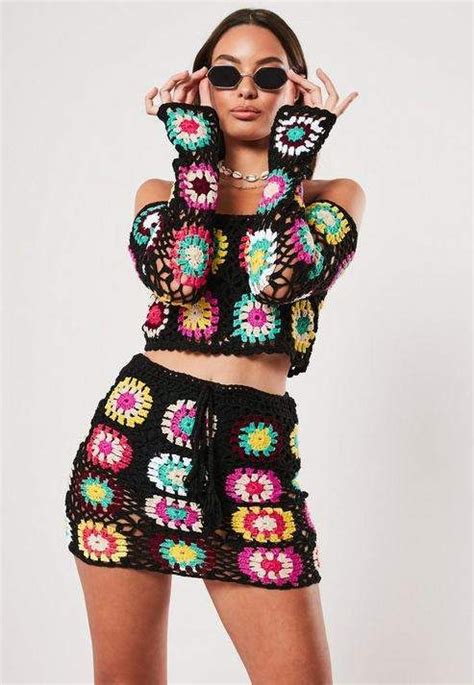 Missguided Black Co Ord Crochet Patchwork Mini Skirt Crochet Two Piece