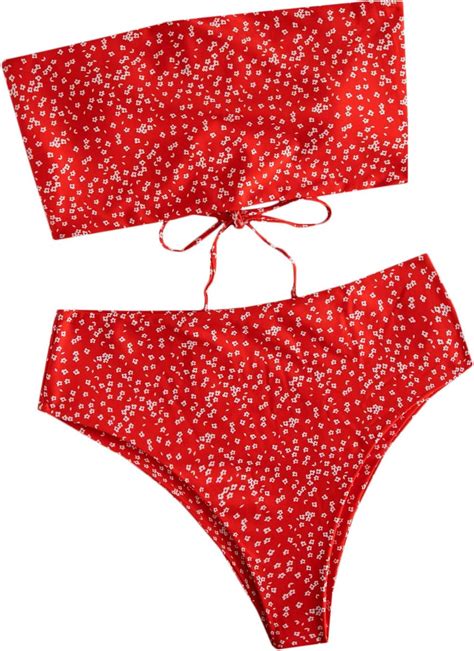 Shein Womens 2 Pieces Bandeau Bikini Ditsy Floral Print Swimsuits Strapless High Waist Bathing