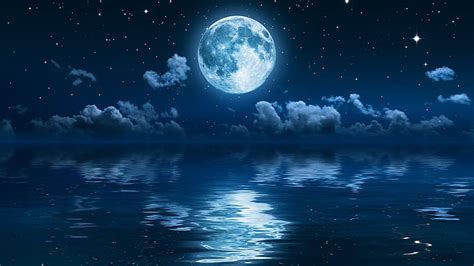 Hd Wallpaper Full Moon Stars Sea Sky Night Night Sky Wallpaper