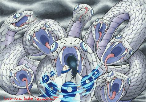 An Image Of A Woman Surrounded By Blue And White Snakes In The Sky With