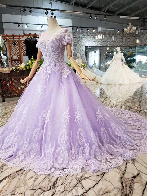 Light Purple Lace Middle Waist Short Sleeve Long Tail Wedding Dress