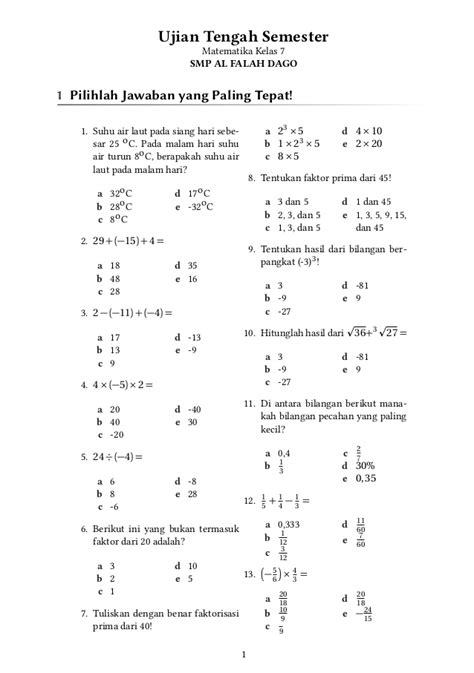 Soal Ulangan Matematika Kelas Semester Homecare