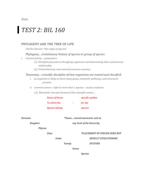 Bil 160 Review Exam 2 Date Test 2 Bil 160 Phylogeny And The Tree Of