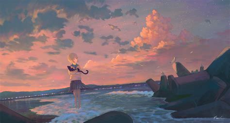 Download 1440x2960 Anime School Girl Sunset Clouds Stars Birds