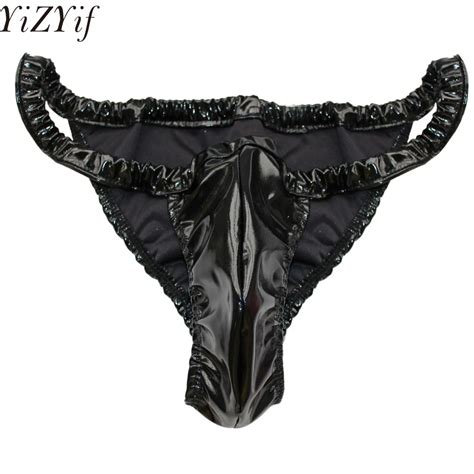 yizyif sexy gay mens loose soft shiny spandex latex rubber briefs underwear sexy mens bull like