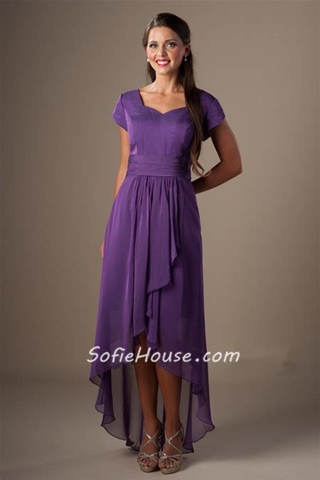 Modest Sweetheart Neckline Purple Chiffon High Low Bridesmaid Dress