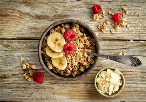 Fruit Food Bowls Raspberries Bananas Nuts Cereal Spoon Wooden