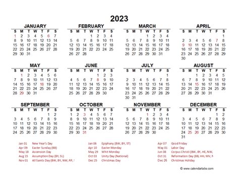 2023 Year At A Glance Calendar With Germany Holidays Free Printable