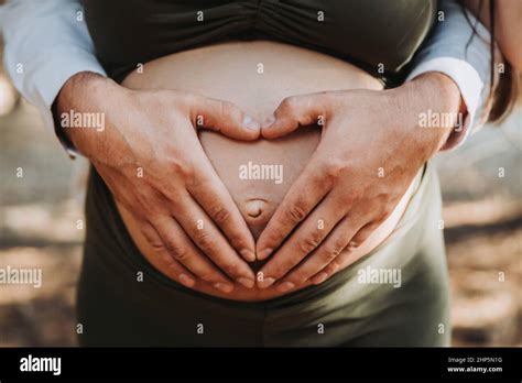 Fathers Heart Shape Hands Touching Mothers Pregnant Maternity Belly