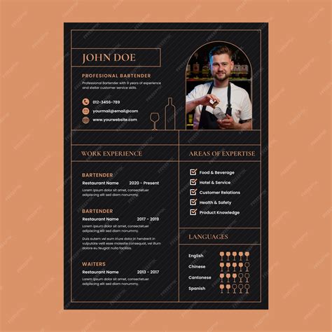 Premium Vector Flat Resume Template For Bartender Job Hunting