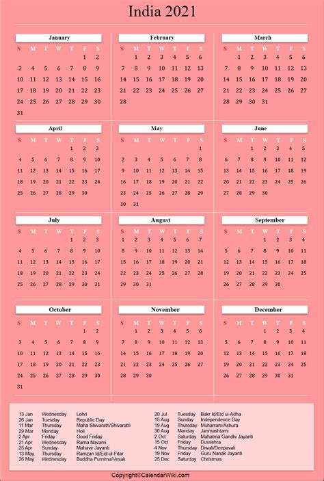 Printable India Calendar 2021 With Holidays Public Holidays