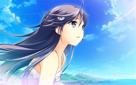 Wallpaper Blue Hair Anime Girl Wind Blue Sky 2560x1440
