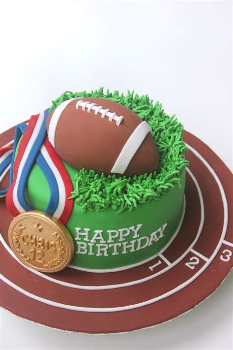 If your beloved one is a huge football fan, you can make a cake in the form of a football field with player figures, gates, and a ball. Sports-themed cake with American Football and Gold Medal ...