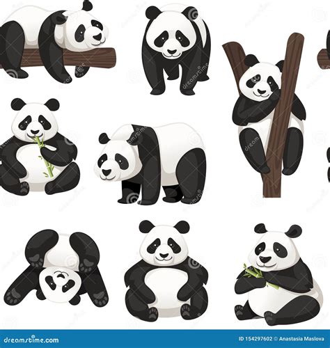 Seamless Pattern Of Cute Big Panda In Different Poses Cartoon Animal