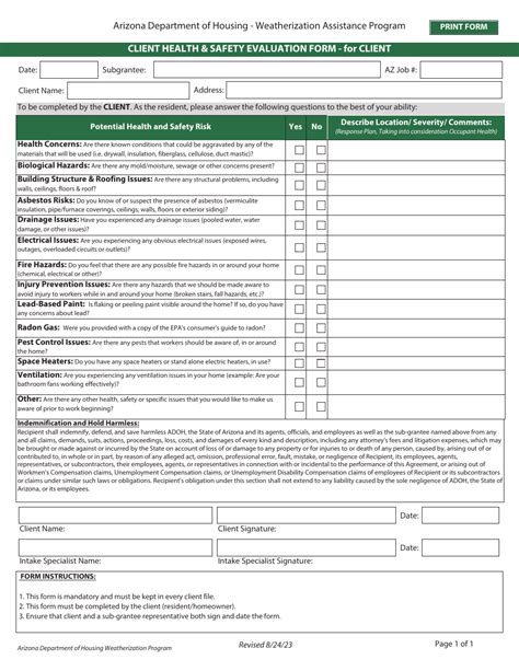 Arizona Client Health And Safety Evaluation Form For Client