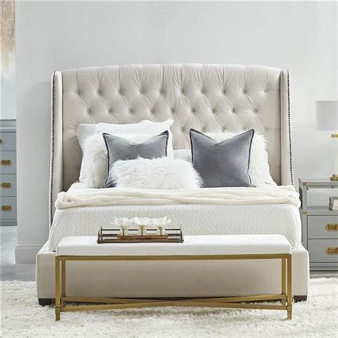 Caedy Modern Beige Velvet Nailhead Tufted Birch Wingback Bed Queen