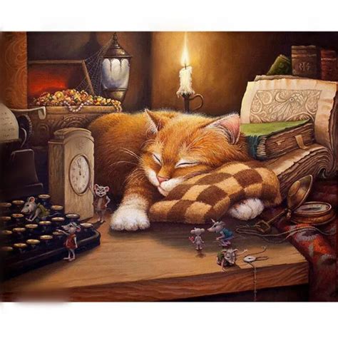 Newest Cat And Mouse Mice Oil Painting By Numbers Kits Wall Art Picture