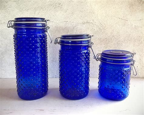 Cobalt Blue Hobnail Glass Canister Set Three Sealable Jars Retro Kitchen Housewares Vintage