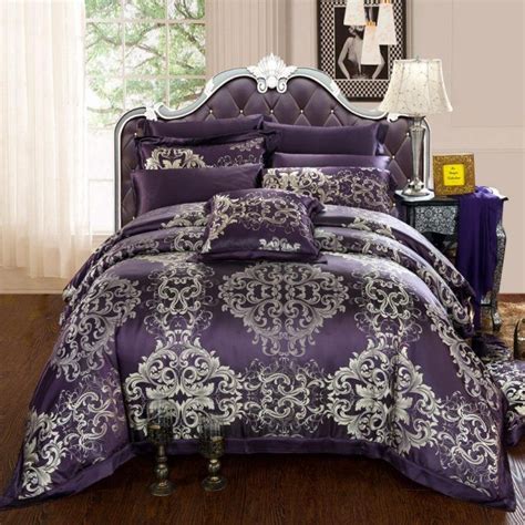 Bedroom Luxury Classic Queen Size Bed With Deep Purple And Silver Patterned Comforter And