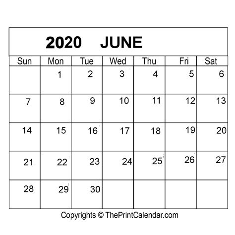 Printable Blank Monthly Calendar June 2020