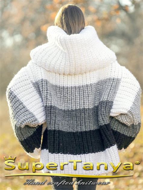 Huge Oversized Striped Wool Sweater Hand Knitted Cowlneck Big Pullover