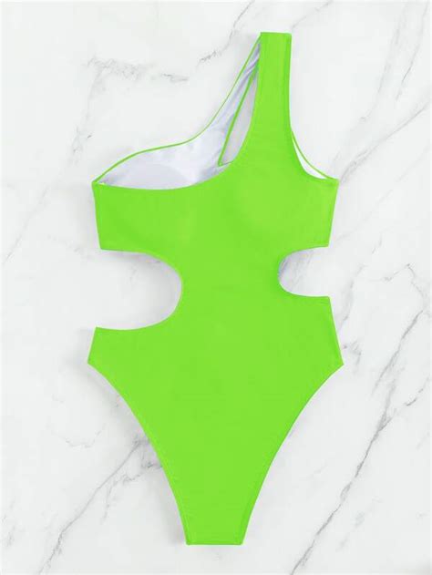 Shein Swim Bae Neon Lime Cut Out One Shoulder One Piece Swimsuit