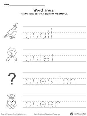 Trace Words That Begin With Letter Sound: Q | MyTeachingStation.com