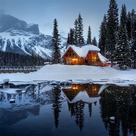 Download Wallpaper 1280x1280 House Mountains Snow Lake