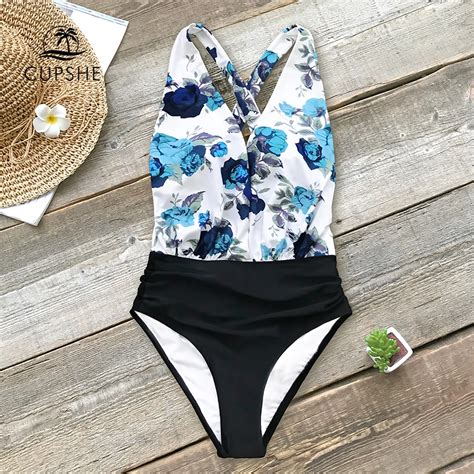 Cupshe Blue Floral And Black Ruched One Piece Swimsuit 2019 Women Sexy