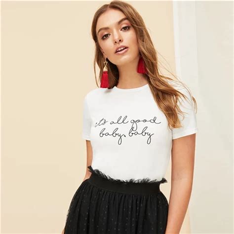 Buy Shein White Slogan Letter Print Solid Slim Fitted