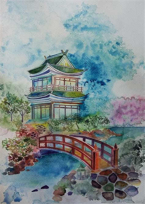 Japanese Landscape Watercolour On Paper 31x41cm 2016 Japanese