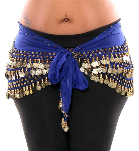 Royal Blue Plus Size 1x 4x Chiffon Belly Dance Hip Scarf With Gold Coins