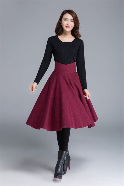 High Waist Flared Midi Skirt In Red Wool Skirt Circle Skirt Etsy