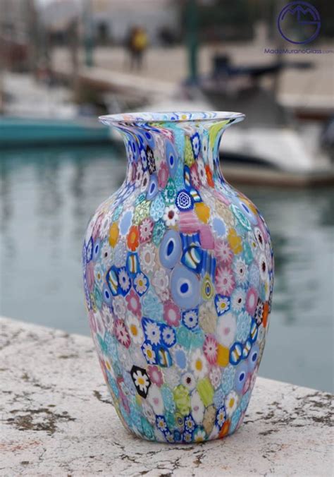 Venetian Glass Vase Harlequin With Murrina Millefiori Made Murano Glass