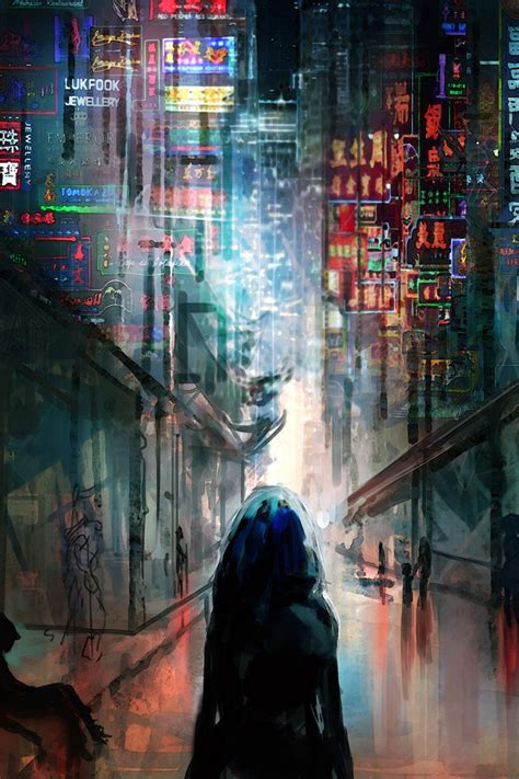640x960 Anime Cyberpunk Scifi City Lights Night Buildings Futuristic