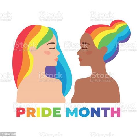 Pride Month Lgbt Gay Girls Couple With Rainbow Hair Lesbian Female Stock Illustration Download