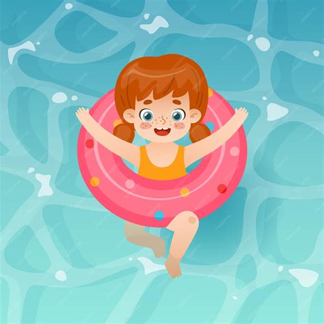 Niña De Dibujos Animados Nadando En La Piscina Con Anillo Inflable Niño
