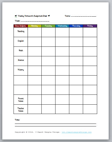 Free Printable Weekly Homework Assignment Sheet Teaching Pinterest