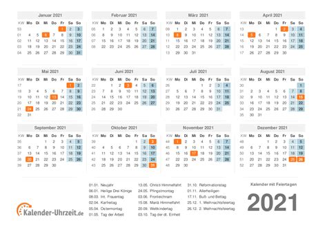 Kalender 2021 Mit Excelpdfword Vorlagen Feiertagen Ferien Kw All In