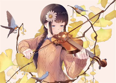 Anime Anime Girls Flower In Hair Original Characters Violin Birds