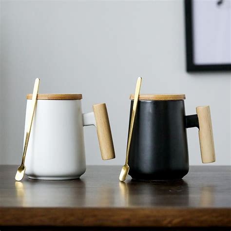 Long Coffee Mug With Wooden Handle In Ceramic Cups Wooden