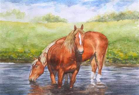 Original Watercolor Painting Horses On The Water Etsy