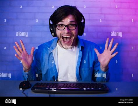 Happy Delighted Gamer Winning Online Computer Game Stock Photo Alamy