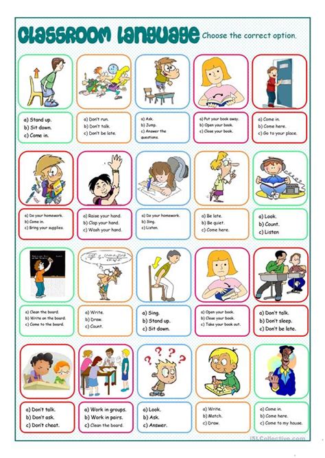 Classroom Language Multiple Choice English Esl Worksheets โฟนิกส์