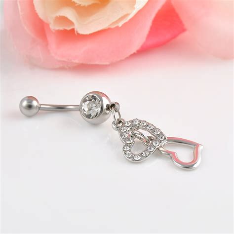 High Quality Double Hearts Rhinestone Crystal Medical Steel Belly