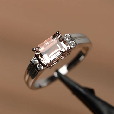 Natural Morganite Ring Emerald Cut Pink Gemstone Ring White Etsy