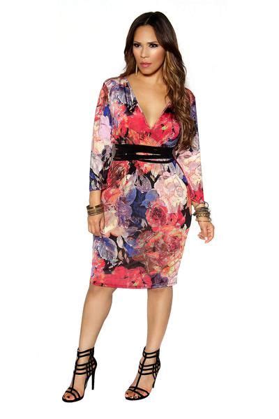 FLORAL PRINT LONG SLEEVE PLUNGING MIDI BODYCON CORAL PLUS SIZE DRESS