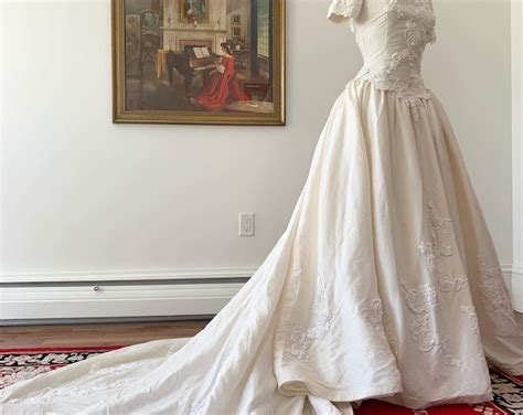 1990s Raw Silk Wedding Dress 90s Ivory Silk Wedding Gown Cathedral