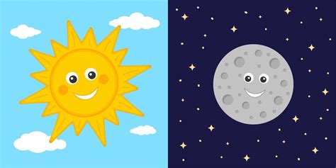 Day And Night Concept Cute Sun And Moon Characters Sun On Blue Cloudy