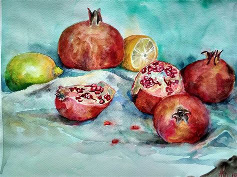 Pomegranate Art Fruits Watercolor Painting Pomegranates Etsy